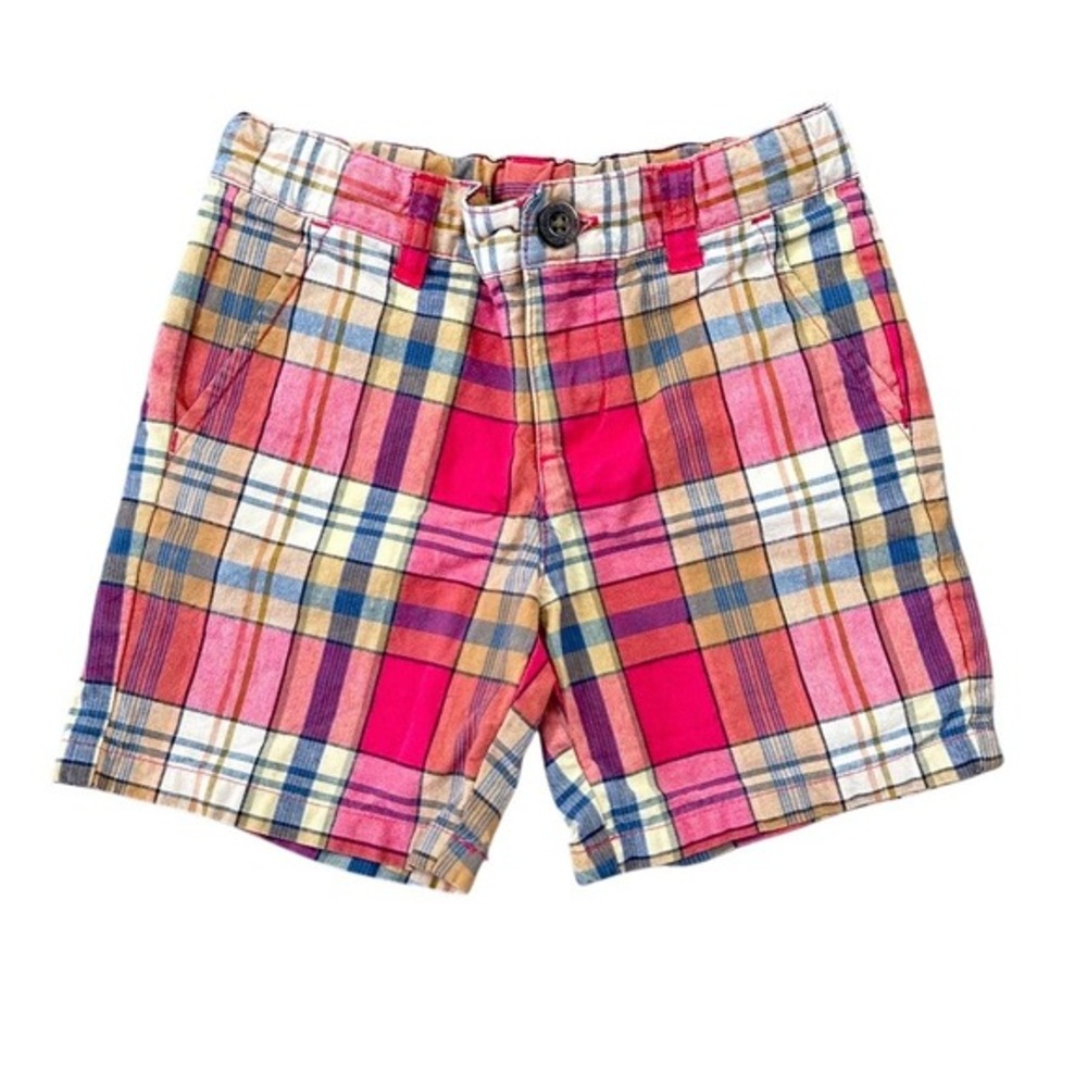 Janie and Jack Boys Size 3 Plaid Cotton Shorts Pink Orange Blue Adjustable Waist